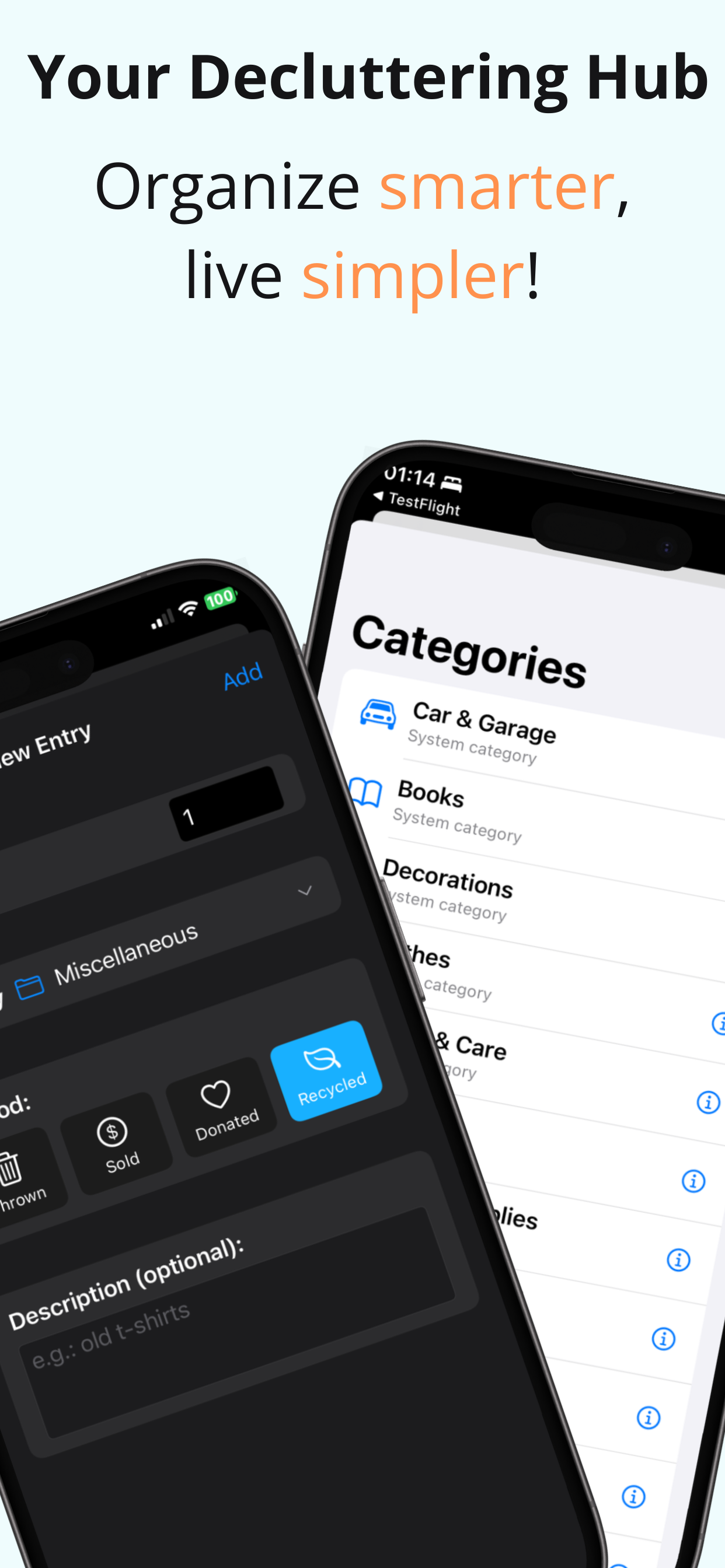 Declutter Quest custom categories - wardrobe, kitchen, kids items, paperwork organisation